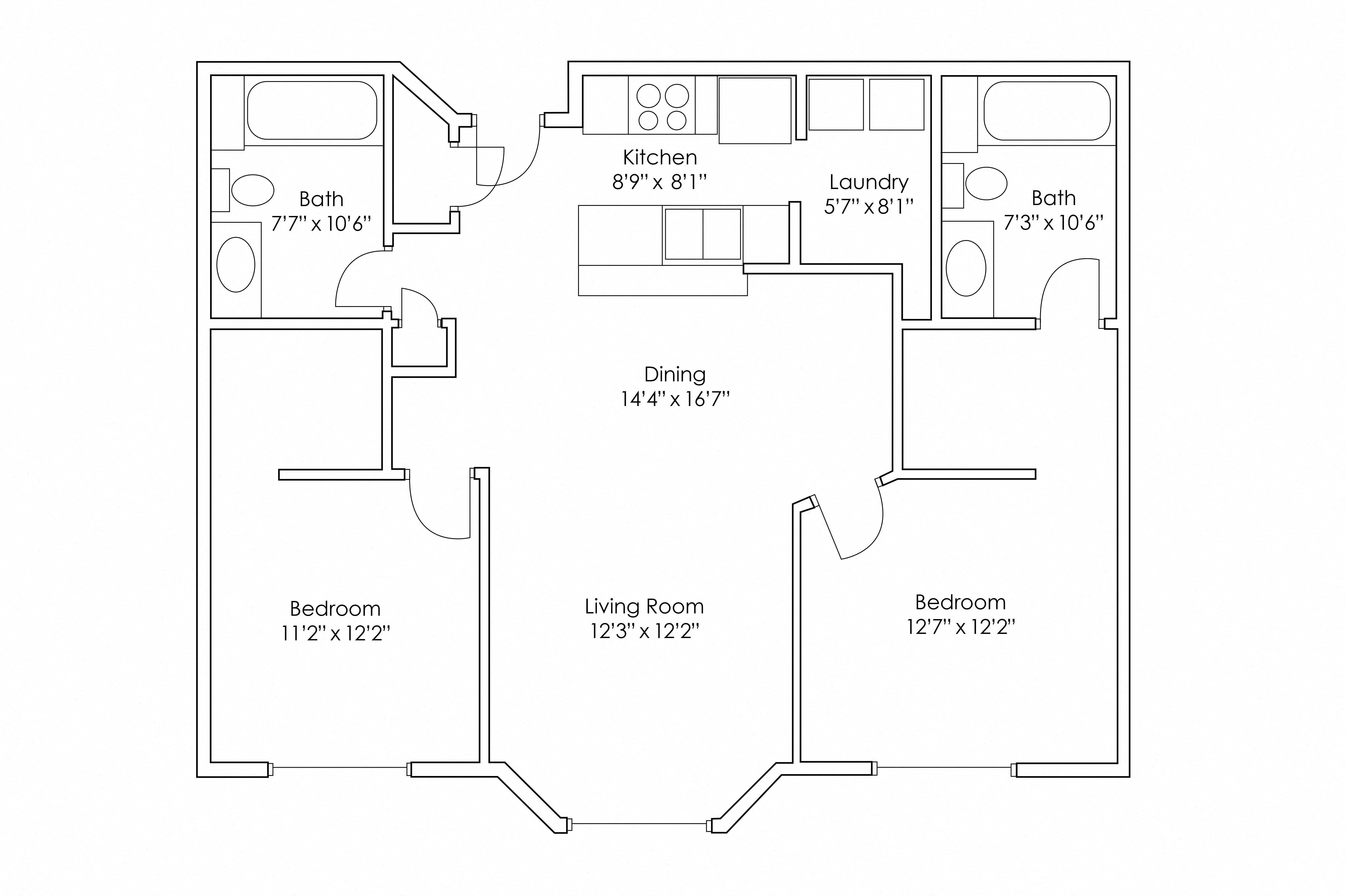 Floor plan for 2 beds, 2 baths, 1040 sqft